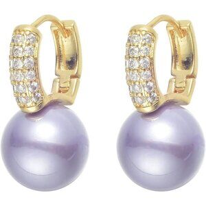 ⚡Gold Hoop Earrings with Purple Pearl and Crystal Pave Elegant Drop Jewelry
